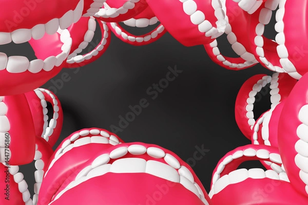 Fototapeta Open human jaws with teeth surrounding the screen edges leaving the center blank. Illustration of the concept of gossip, discussion, argument and opinions