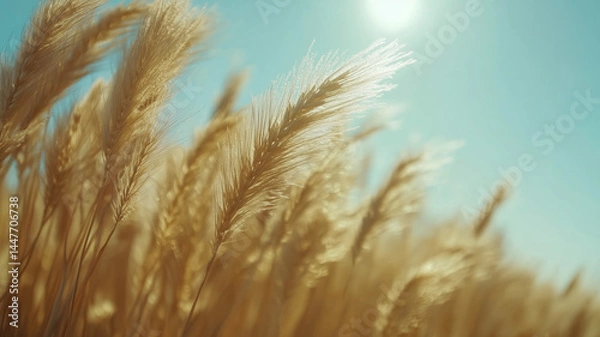 Fototapeta Golden wheat field swaying under sunlight in clear sky