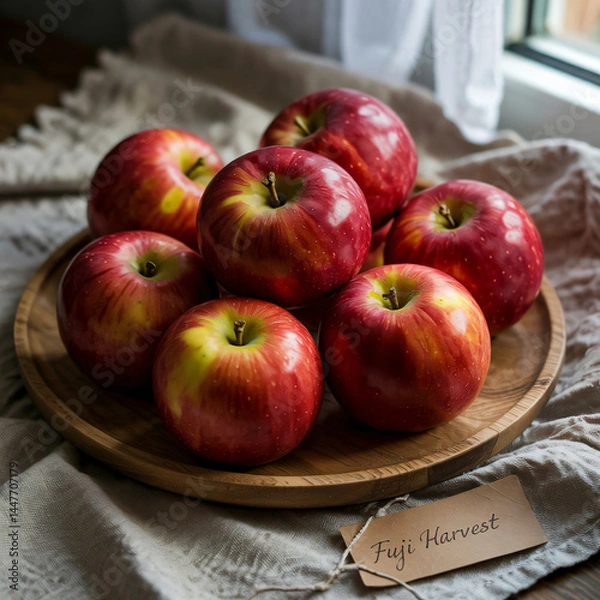 Fototapeta Vibrant Fuji apples artfully arranged on a rustic wooden plate. Soft light highlights freshness. 