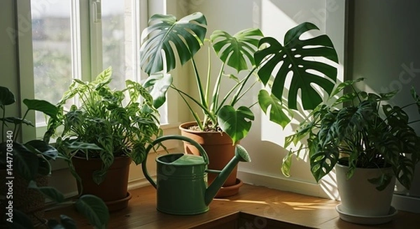 Fototapeta Indoor Plants in Sunlight with Watering Can on Wooden Surface