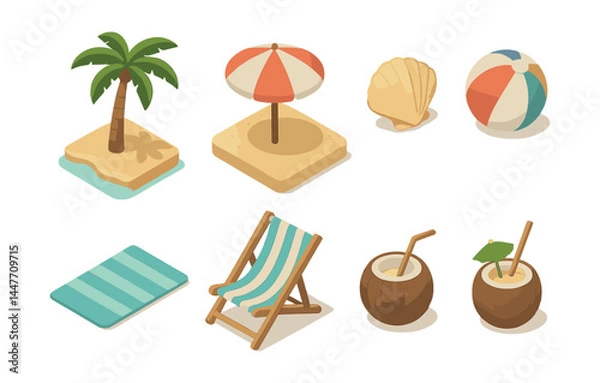 Fototapeta Isometric beach icons set – palm, umbrella, shell, ball, towel, chair, coconut