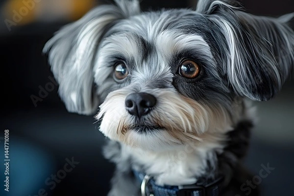 Obraz Small dog with a black collar and a white face. The dog has a black nose and is looking at the camera