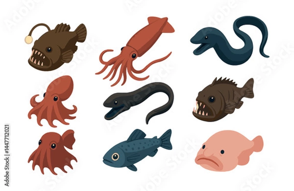 Fototapeta Deep sea creature icons set – anglerfish, squid, eel, blobfish