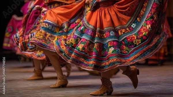 Fototapeta Colorful Traditional Mexican Skirts in Motion During Folkloric Dance Celebration
