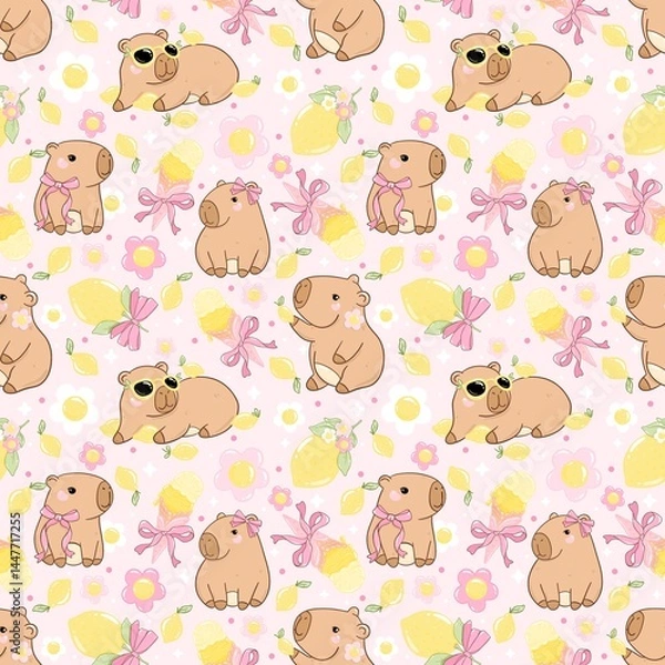 Fototapeta Pink Coquette Capybara and Lemon Pattern. Seamless Capybara Summer Lemonade Design. Pastel Capybara and Lemon Kawaii Pattern for Kids.