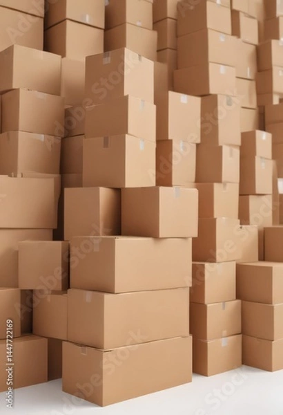 Fototapeta Neatly stacked brown cardboard boxes on pristine white background , brown, secondhand