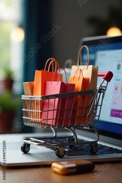 Fototapeta Product packages and shopping bags in a virtual cart on screen with laptop, e-commerce, digital goods, product packaging
