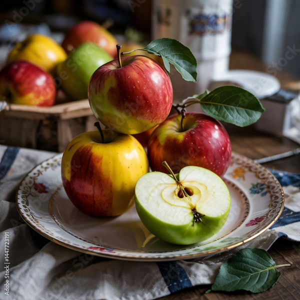 Fototapeta some hyper-realistic apples on the plate, looking very fresh and delicious