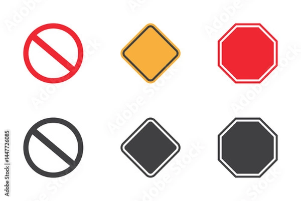 Fototapeta Set of empty signs. Crossed out red circle, stop blank sign in red octagon, blank yellow sign. Priority road icon, traffic sign. Empty NO symbol. Vector. EPS10.