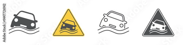 Fototapeta Set of warning signs flooding hazard. Car submerged in water, flood street and a flood road, yellow triangular warning sign. Emergency situation, danger of falling car in sea. Vehicle in water. Vector