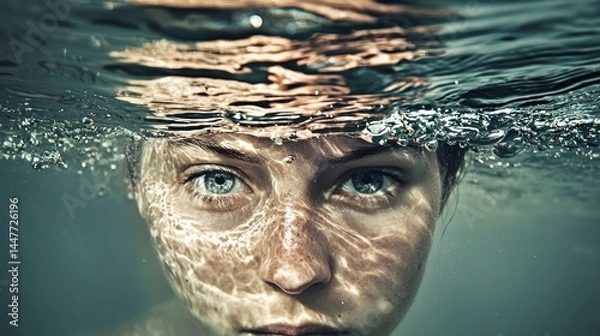 Fototapeta Half of a face submerged in water with ripples