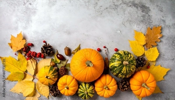 Fototapeta Autumnal still life with pumpkins, gourds, leaves, pine cones, acorns, and berries on a gray background.  Perfect for Thanksgiving, fall harvest, and autumn themes.