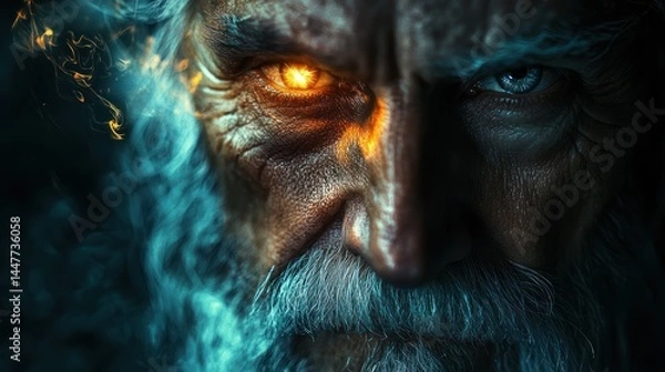 Obraz Half of a wizardâ€™s face with a mystical glow in one eye