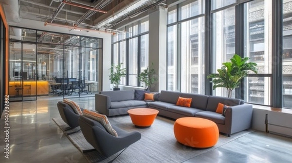 Fototapeta A blurry, stylish office with gray colors, big windows, glass walls, and pops of orange.

