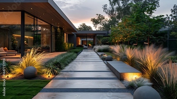 Fototapeta Architectural landscaping with illuminated walkway edges high resolution photo