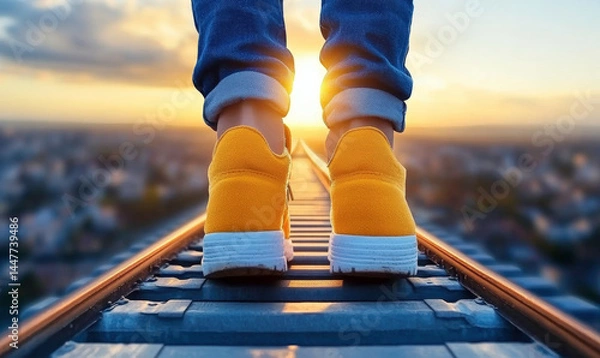 Obraz Person Walking on Railway Tracks with Yellow Sneakers at Sunset, Urban Landscape in Background, Beautiful Sky, and Warm Light