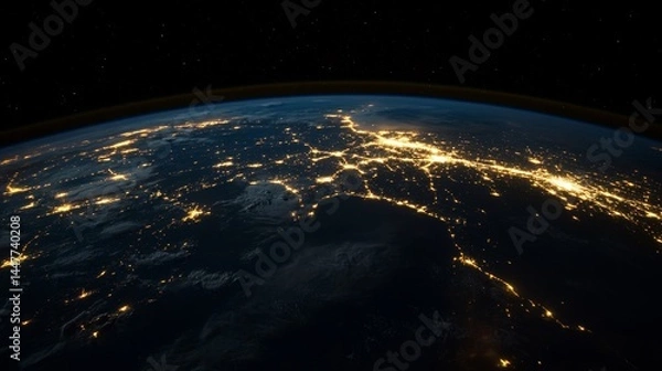 Fototapeta Earth at night, seen from space, shows bright lines connecting places. This represents business, money, and how the world connects through the internet and technology.
