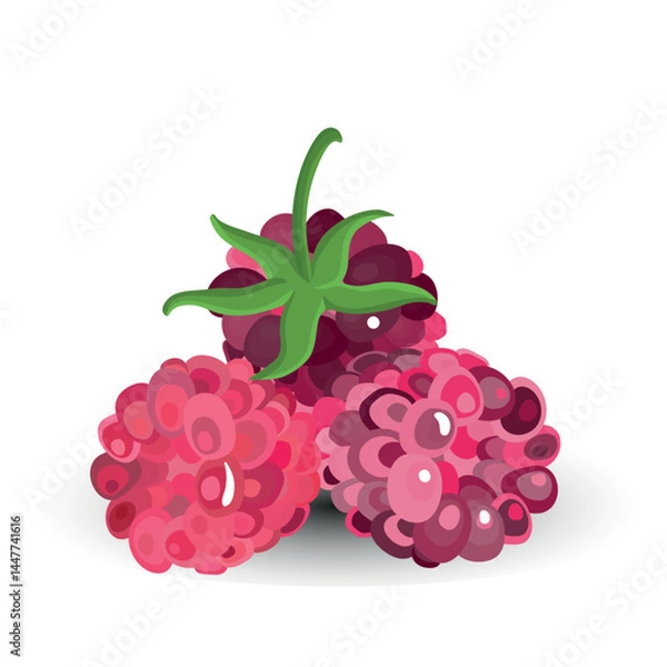 Fototapeta Lush Close-Up of Fresh Pink Raspberries with Glossy Texture and Green Stem on Vibrant Backdrop – A Visual Celebration of Tropical Freshness and Culinary Art for Organic Food Photography and Branding