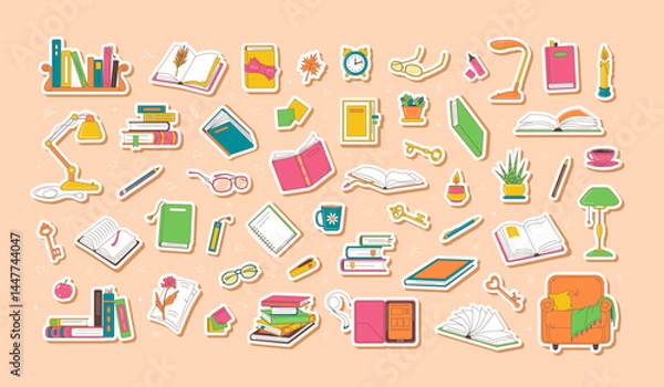 Obraz Books and stationery, interior items, all reading related stickers. Trendy cartoon object set