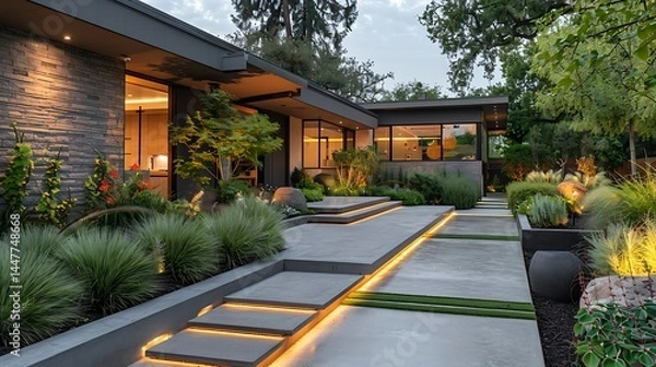 Fototapeta Minimalist landscaping with sleek path design lighting high resolution photo