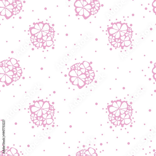 Obraz Cute bouquets of flowers on a polka dot background. Seamless vector monochrome pink pattern on a white background.