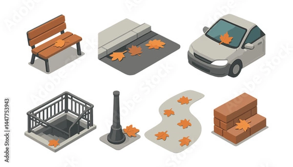 Obraz Urban autumn scene icons set – bench, car, leaves, path, stairs, brick, streetlight