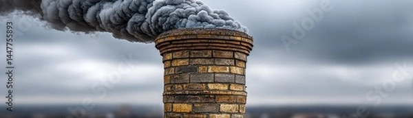 Fototapeta Gray smoke rises from a cylindrical smokestack in a cloudy atmosphere - plume gray thick atmosphere