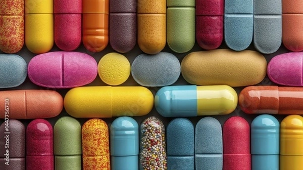 Fototapeta Multiple types of pills and capsules neatly arranged - healthcare pharmacy treatment