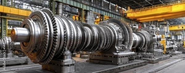 Fototapeta Panorama of massive power plant turbines in motion Large-scale energy production, industrial complex, environmental impact - thermal environmental heavy