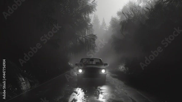 Fototapeta The image is a dark and foggy road with a car driving through it. The car is in the center of the road and is surrounded by trees.