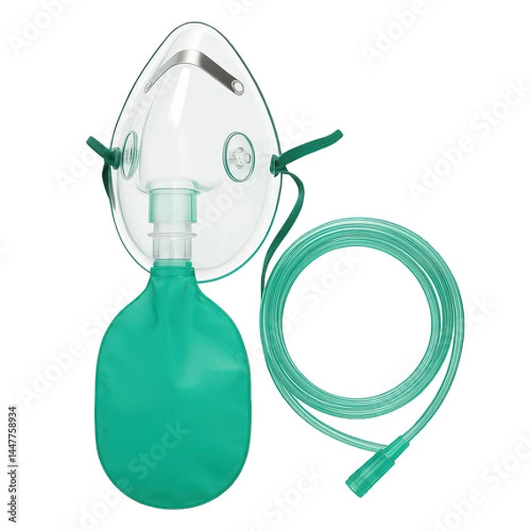 Obraz Essential medical oxygen mask with reservoir bag and connected breathing tube for respiratory care assistance.