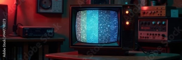 Fototapeta Vintage TV screen with static noise and old CRT glow, surrounded by antique electronics , classic tech, electronic device, vintage TV