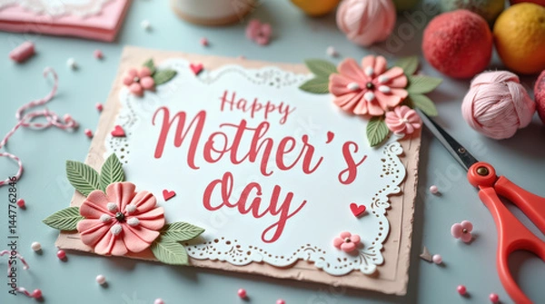 Obraz Beautiful handmade Mother's Day card with flowers and decorations on a crafting table