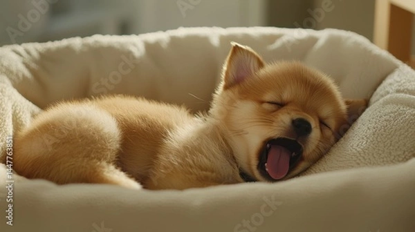 Obraz Tiny puppy yawning curled up in a plush bed serene and comfortable mood dim evening light soft focus shot