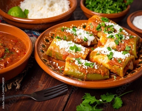 Obraz Mexican chiles rellenos in an authentic table setting