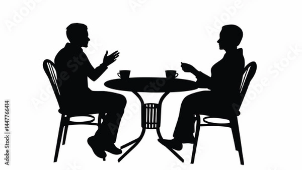 Obraz "Silhouette vector of a social meeting between two individuals, round table and chairs, side view, hands mid-gesture, coffee mugs on the table, high contrast, modern minimalist design"
