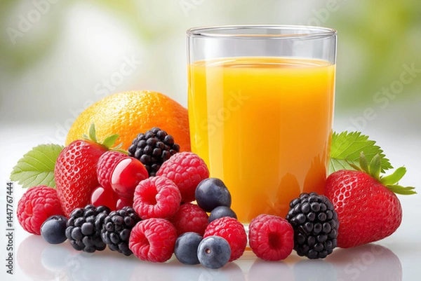 Fototapeta Freshly squeezed fruit berry juice on isolated studio background with copy space