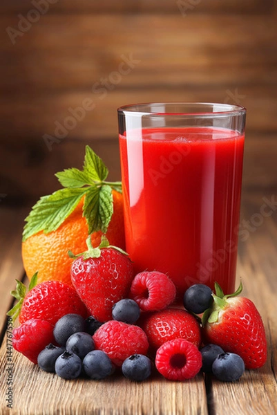 Fototapeta Freshly squeezed fruit berry juice on isolated studio background with copy space