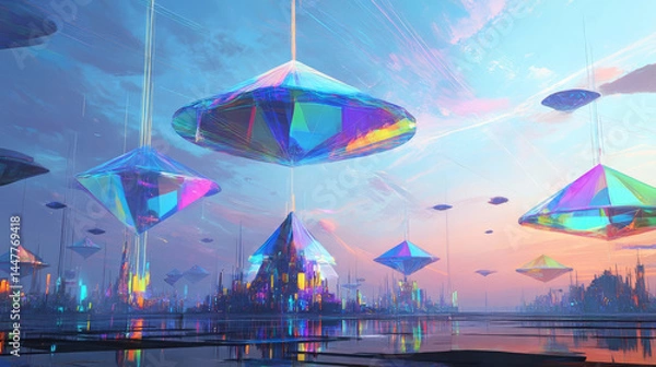 Obraz Floating crystalline structures above a vibrant futuristic city during colorful sunset sky