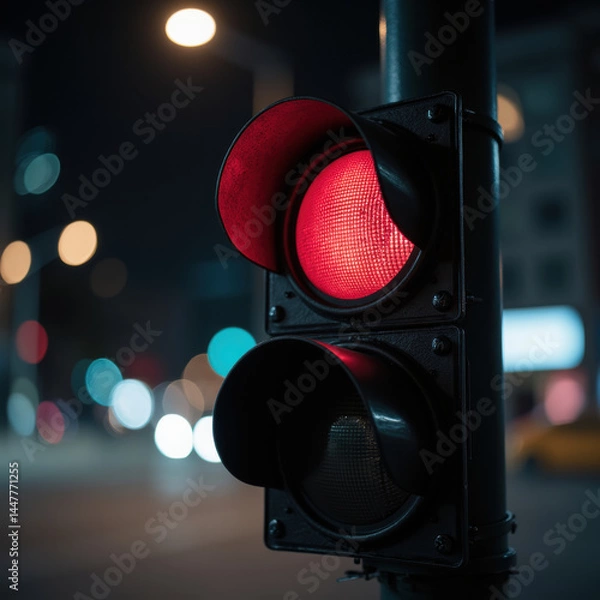 Obraz red traffic light illuminates night, signaling vehicles to stop while city lights create vibrant backdrop