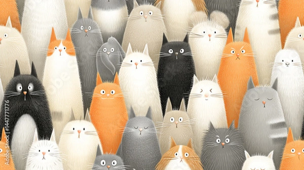 Fototapeta Tiny Fluffy Cats Forming a Seamless Soft Wall in Gentle Watercolor