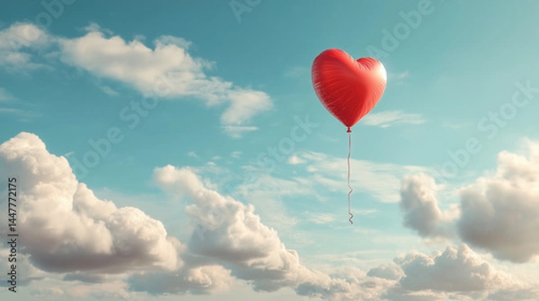 Fototapeta Red Heart Balloon Soaring Above Clouds in a Clear Blue Sky