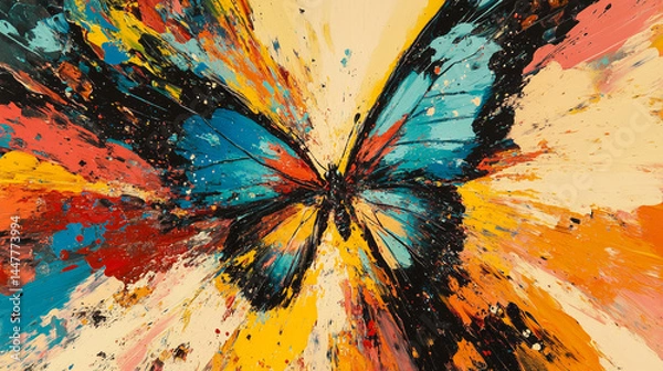 Fototapeta Abstract painting of butterfly with vibrant blue, yellow, orange, and red paint strokes, showcasing dynamic energy and artistic expression