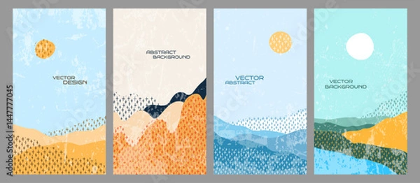 Obraz Vector illustration. Hand drawn background set with marker strokes. Hills with clear sky. Doodle childish landscape with line pattern shapes. Design for vertical wallpapers, flyer, coupon, voucher