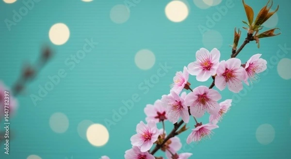 Obraz Pink Cherry Blossom Flower Branch with Blue Background