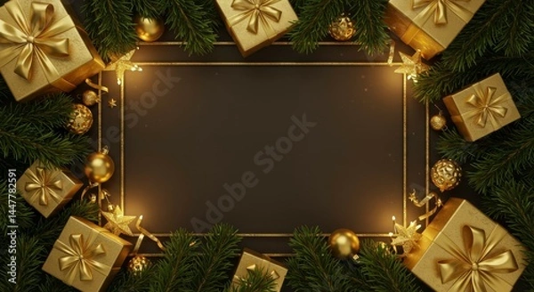Obraz Golden Christmas Gifts and Pine Frame
