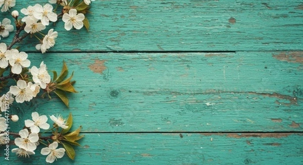 Obraz Cherry Blossom on Turquoise Wood Planks