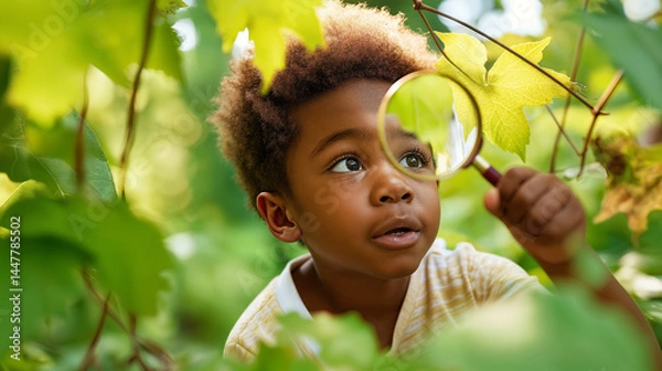 Fototapeta boy examining leaf in forest with magnifying glass