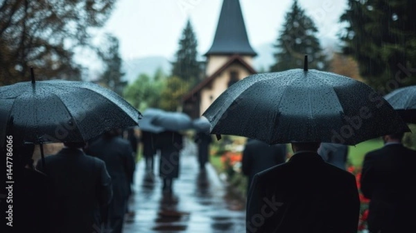 Fototapeta People with umbrellas walking in the rain on a path leading to a church surrounded by trees and flowers