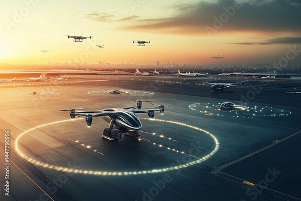 Obraz Smart airport with flying cars landing on vertical pads, distant horizon 